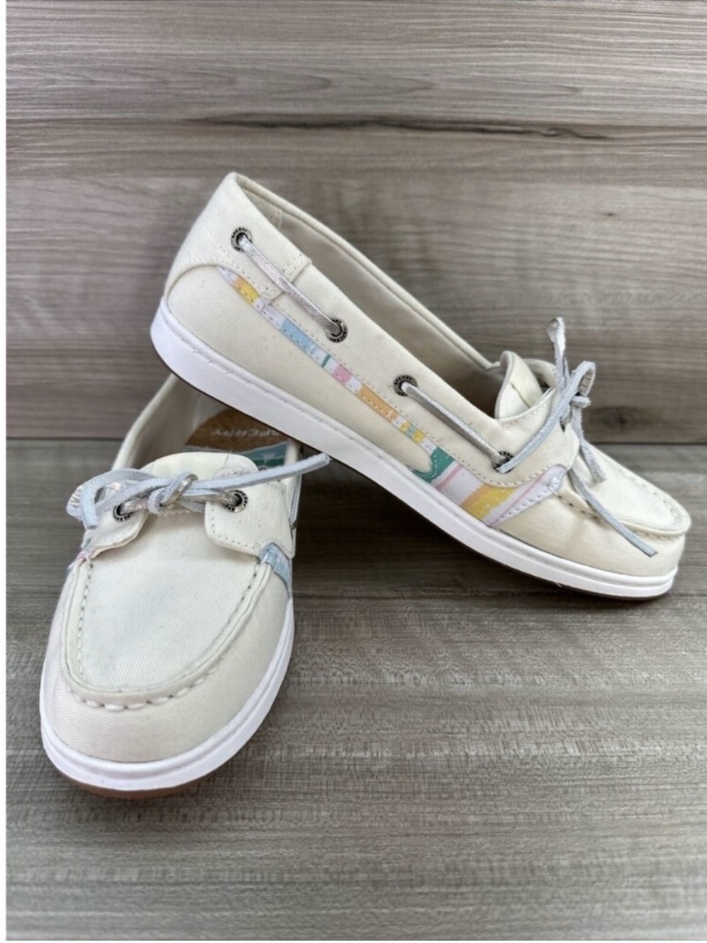 Sperry Cream Canvas Boat Shoes with Pastel Accent